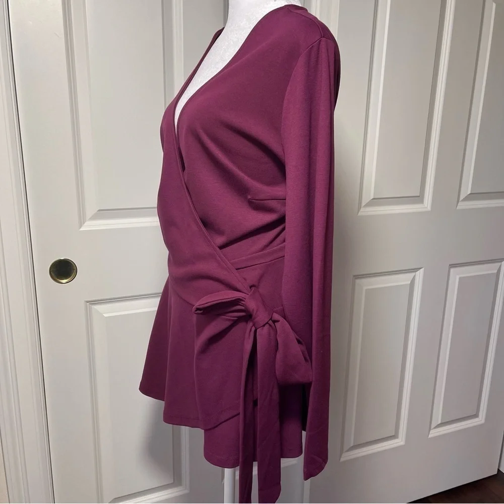 Eloquii Peplum Wrap Blouse V-Neck Long Sleeve Wine Maroon Adjustable 18